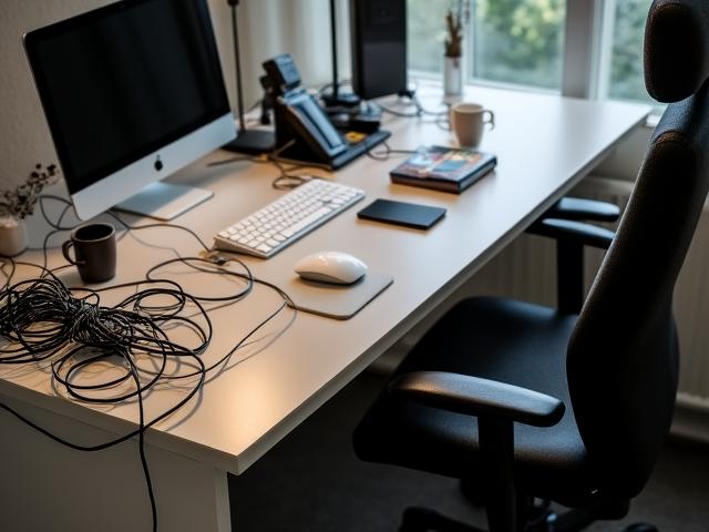 Espacio de trabajo desordenado y poco ergonómico