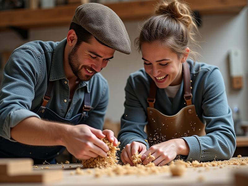 Artesanos trabajando en el taller de Crepúsculo Madera en Madrid